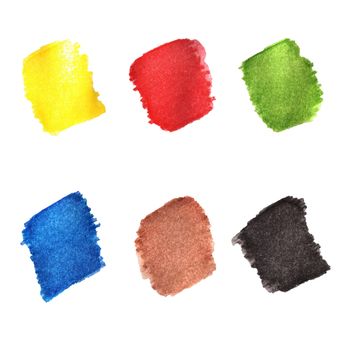 Isolated spots of watercolored pencils on a white background. Six basic colors - yellow, red, green, blue, brown and black.