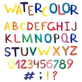 Isolated hand-drawn watercolor alphabet on white background. Set with colorful english letters.