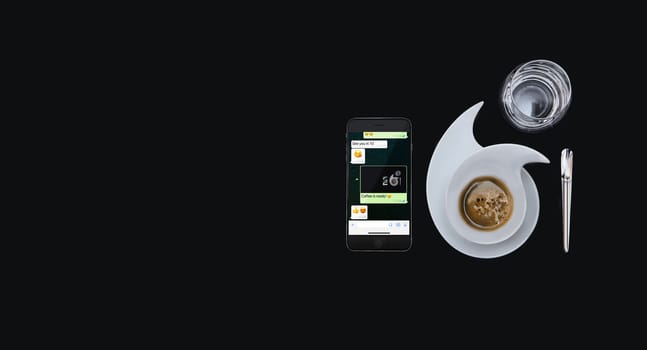 flat design coffee for with water on black background