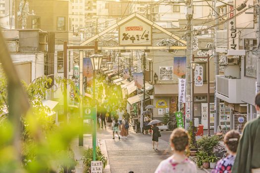 The famous Yuyakedandan stairs which means Dusk Steps at Nishi-Nippori in Tokyo. The landscape overlooking Yanaka Ginza from the top of the stairs is famous as a spectacular spot for sunset. Below the stairs there is a gate marked "Yanaka Ginza, the Evening Village".