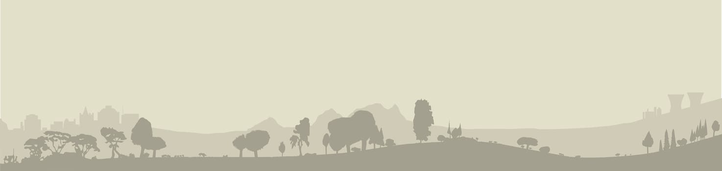 Silhouette of a wooded foreground set on a hillr background with some buildings