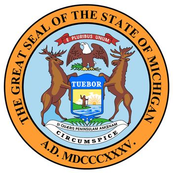 The state seal of Michigan over a white background