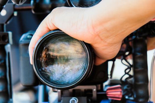 Film industry. Filming with professional camera background