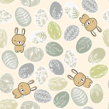 Happy Easter seamless pattern greeting card with decorated painted Easter eggs and rabbits. Hand drawn Illustration flat style design for invitations, prints, wrapping paper