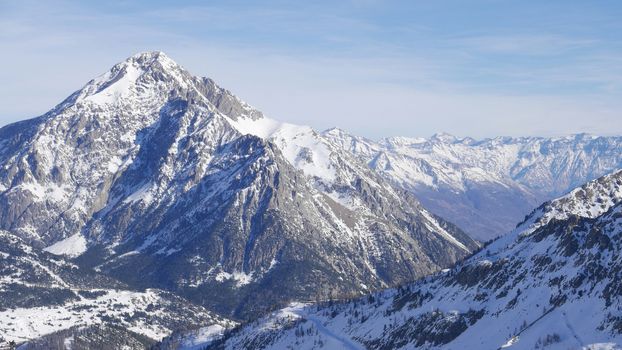 snowy landscape of Montgenvre in the high Alps in winter, france