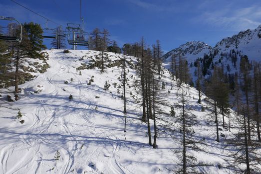 snowy landscape of Montgenvre in the high Alps in winter, france