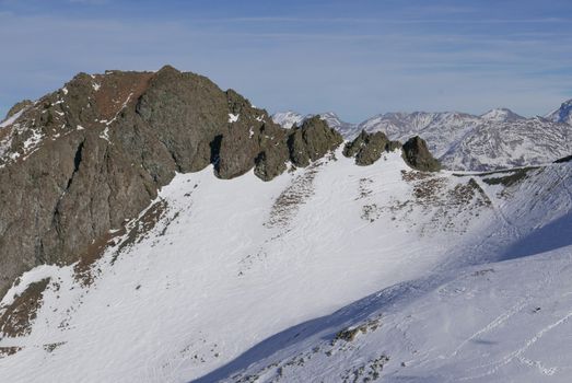 snowy landscape of Montgenvre in the high Alps in winter, france