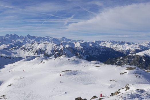 snowy landscape of Montgenvre in the high Alps in winter, france