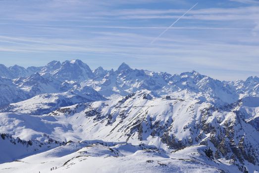 snowy landscape of Montgenvre in the high Alps in winter, france