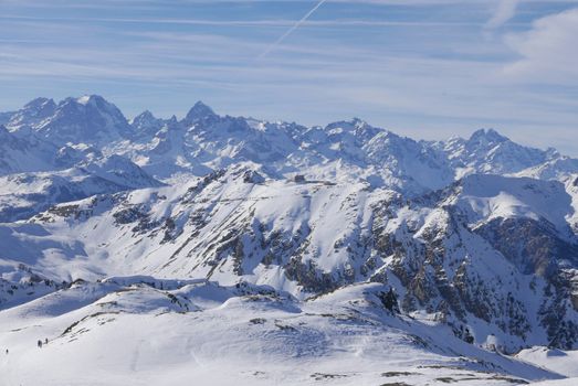 snowy landscape of Montgenvre in the high Alps in winter, france