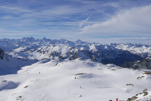 snowy landscape of Montgenvre in the high Alps in winter, france