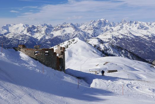 snowy landscape of Montgenvre in the high Alps in winter, france