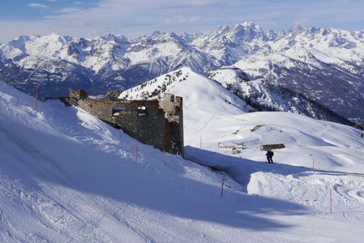 snowy landscape of Montgenvre in the high Alps in winter, france