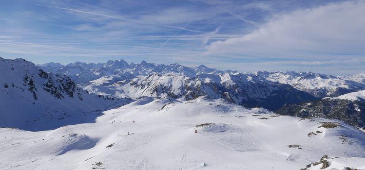 snowy landscape of Montgenvre in the high Alps in winter, france