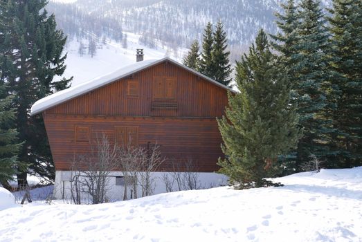 snowy landscape of Montgenvre in the high Alps in winter, france