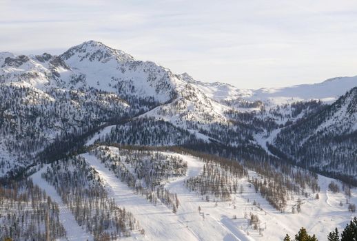 snowy landscape of Montgenvre in the high Alps in winter, france
