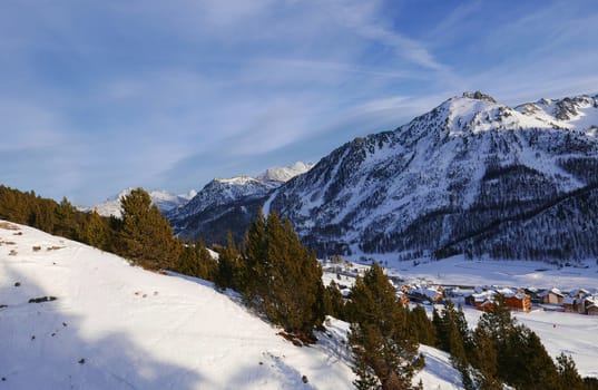 snowy landscape of Montgenvre in the high Alps in winter, france
