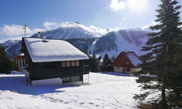 snowy landscape of Montgenvre in the high Alps in winter, france