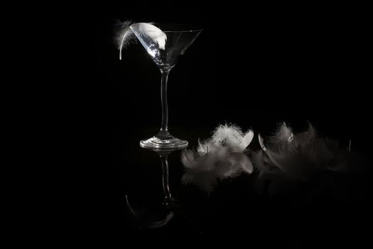 An extreme close-up and macro photograph of a detail of a soft white feather, black background.