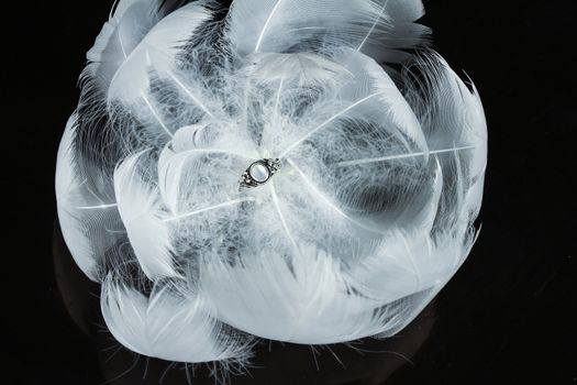 An extreme close-up / macro photograph of a detail of a soft white feather, black background. in a white rose formation