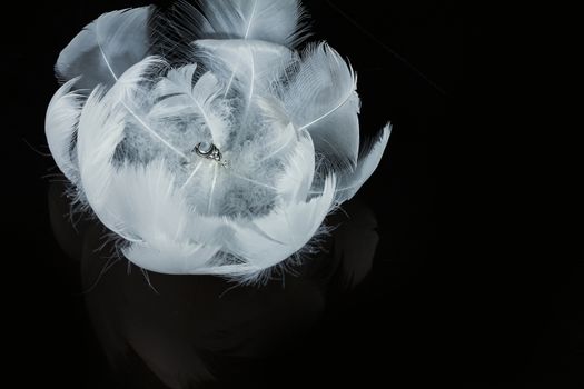 An extreme close-up / macro photograph of a detail of a soft white feather, black background. in a white rose formation