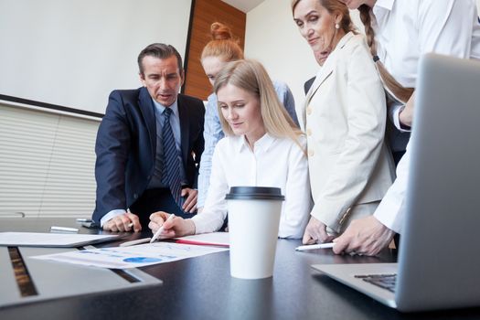 Business people at work on stock market charts in office , meeting working analysis concept