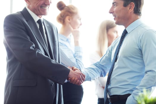 Happy smiling friendly business shaking hands in modern office