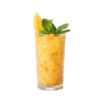 Cold multi fruit cocktail drink with slices of orange, mint leaf isolation on a white