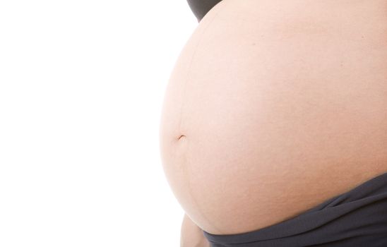 Closeup of pregnant woman at white background