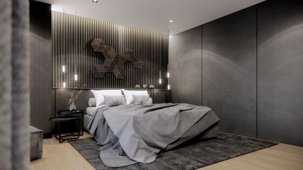 interior design of modern bedroom with double bed, 3D render background