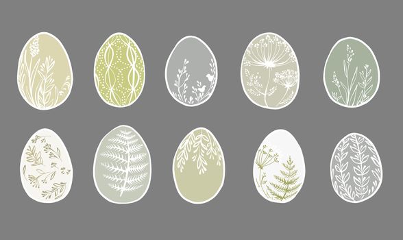 Set of cute decorated Easter eggs isolated on gray background. Collection of symbols of religious holiday covered with different floral patterns. Holiday flat illustration
