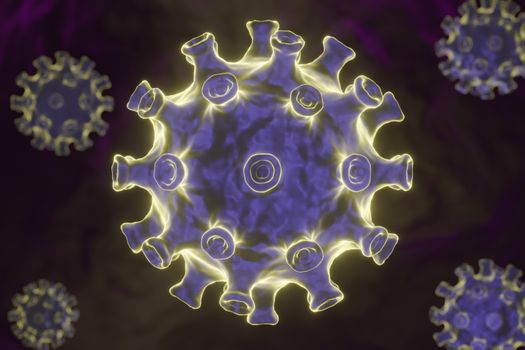 Coronavirus cell inside human body. COVID-19 cell in microscope view. Realistic 3D rendering. Virus simulation model in respiratory infections. Concept of healthy care.