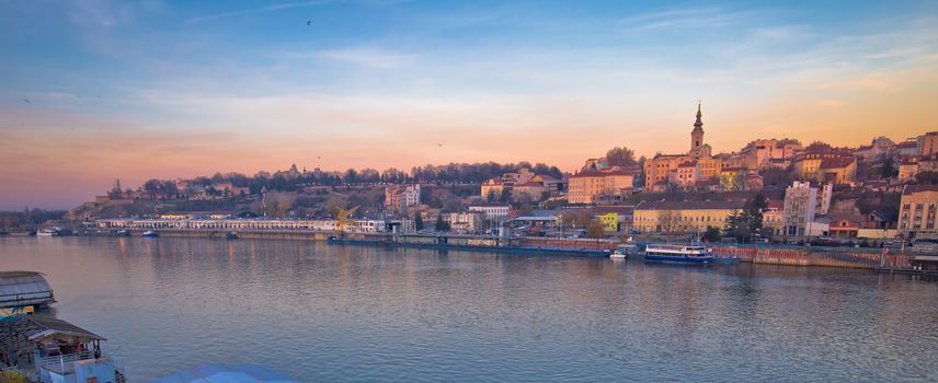 Belgrade Danube river boats and cityscape panoramic view, capital of Serbia