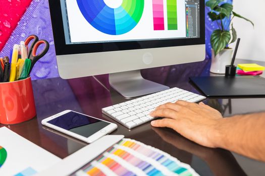 Hands of a young man in front of computer. Graphic Designer work