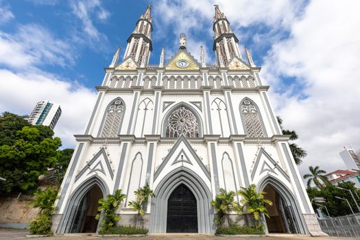 Front view of catholic gothic church in Panama City on a nice day