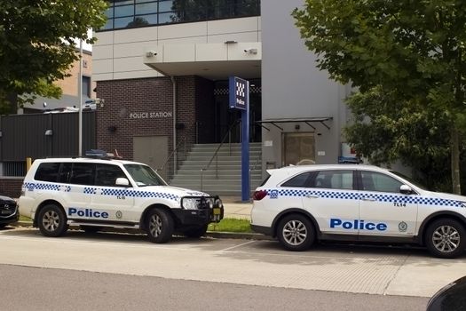 Two Marked Police Vehicles outside a local area Police Station entrance