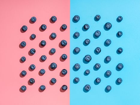 Blueberry pattern. Minimalistic concept. Top view or flat lay. Blueberries staggered on two colors background. Pink and blue minimalistic background