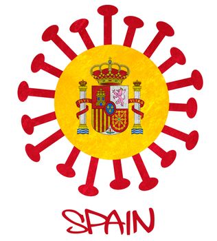 The Spanish national flag with corona virus or bacteria - Isolated on white
