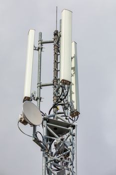 Wireless communication tower with antenna and mobile network operator on overcast sky