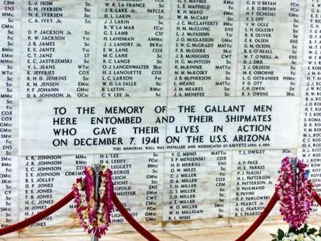 commerative wall of Pearl Harbor dead from WWII