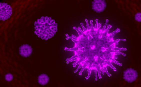 Coronavirus cell inside human body. COVID-19 cell in microscope view. Realistic 3D rendering. Virus simulation model in respiratory infections. Concept of healthy care.