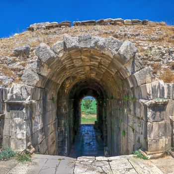 The interior of the Ancient Theatre in the greek city of Miletus, Turkey, on a sunny summer day