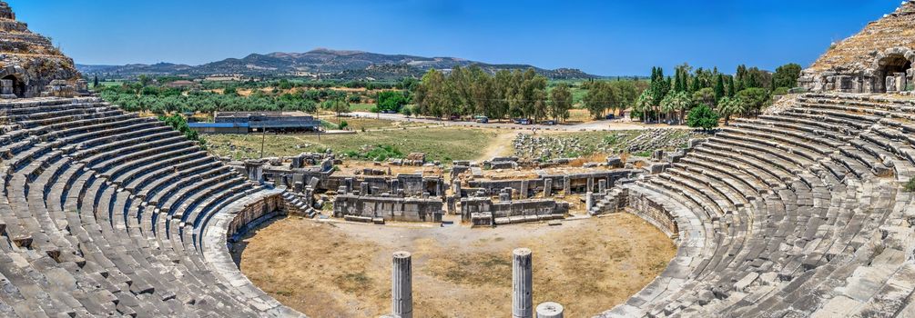 The interior of the Ancient Theatre in the greek city of Miletus, Turkey, on a sunny summer day