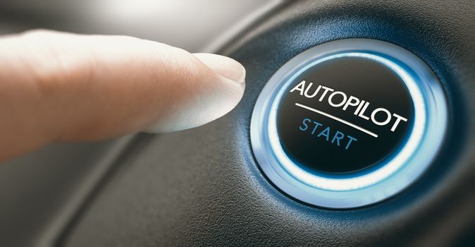 Finger pressing an autopilot button in a self driving car. Composite image between a hand photography and a 3D background.
