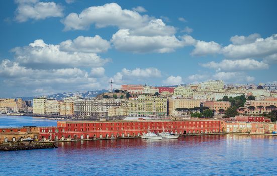 Colorful buildings in the port city of Naples at sunrise