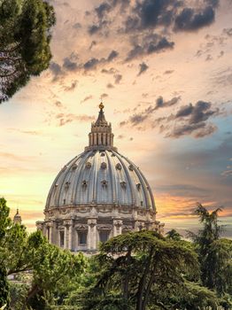 Dome of Saint Peter's Basilica rising from the trees in Vatican city