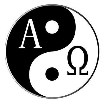 Yin and Yang and Alpha Omega combined over white