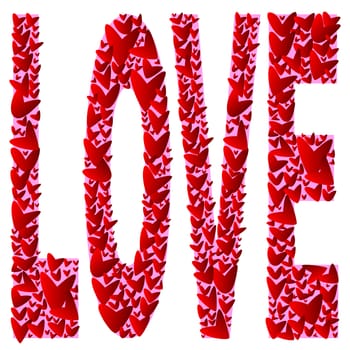 A collection of red lovers hearts forming the word love over a white background