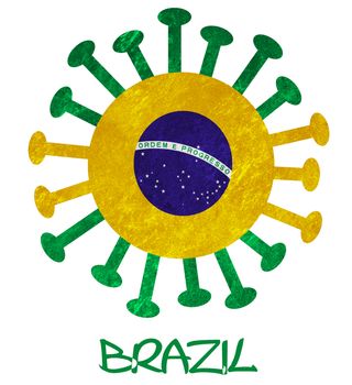 The national flag of Brazil with corona virus or bacteria - Isolated on white