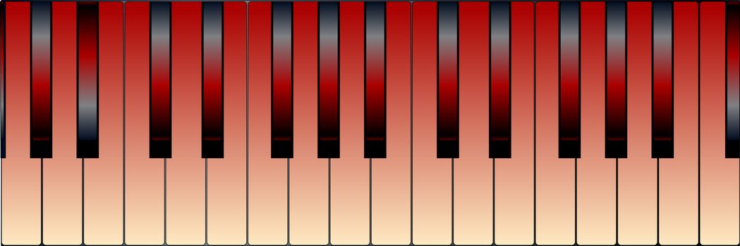 Black and white piano keys with a tint of red